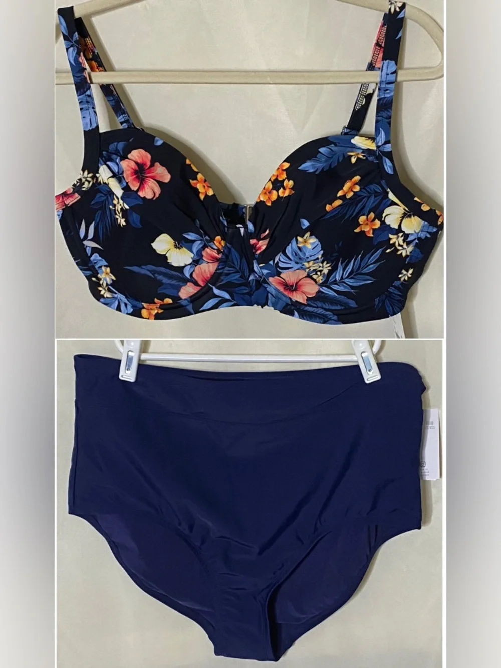 NWT Lands’ End Blk/Floral Top/ Blue Bottom Two Piece Bikini Swimwear/ Swimsuit